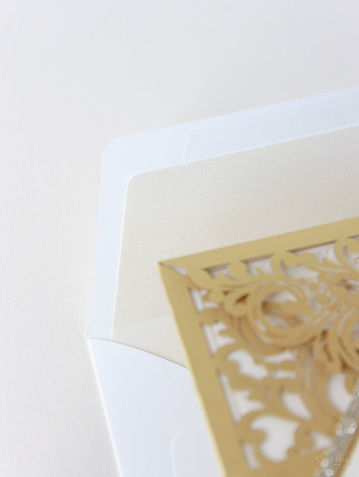 Vintage Gold Laser Cut and Glitter Lace Pocketfold Wedding Invitation + Envelope