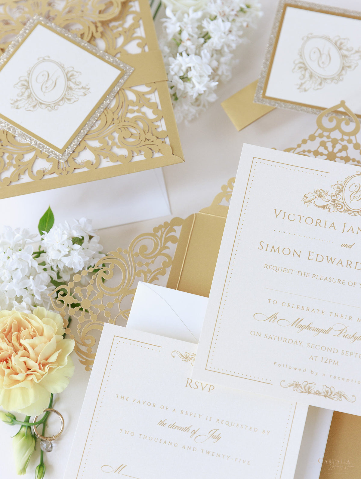 Vintage Gold Laser Cut and Glitter Lace Pocketfold Wedding Invitation + Envelope