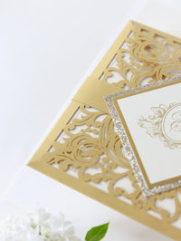 Vintage Gold Laser Cut and Glitter Lace Pocketfold Wedding Invitation + Envelope