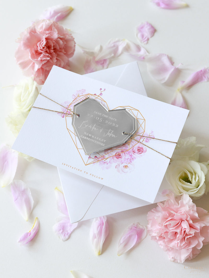 Save the Date with Geometric Heart Shaped Plexi Magnet – Cartalia