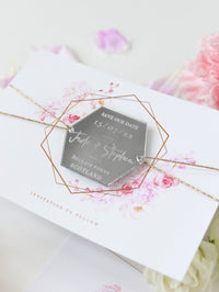 Acrylic Silver Mirror Save The Date Card with Floral Design & Real foil