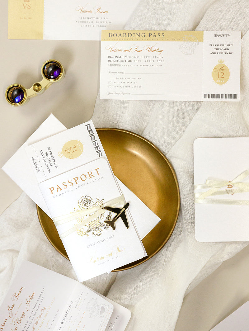 Gold Passport Wedding Invitation - Luxury Engraved Plane in Gold Plexi Passport & Real Gold Foil Destination Wedding