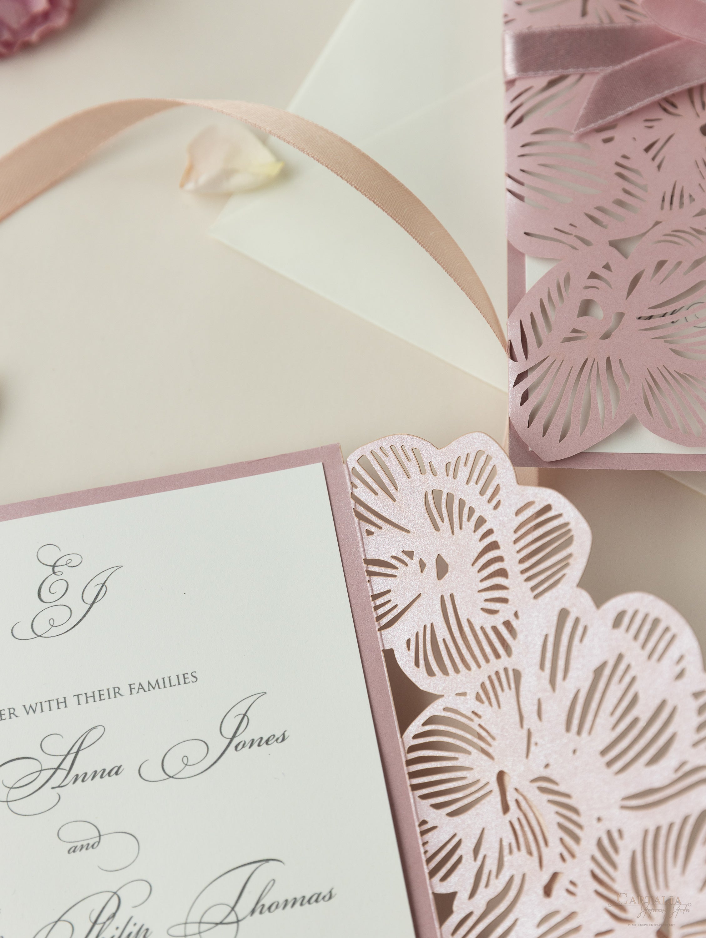 Intricate Orchid with Satin Ribbon Laser Cut Gatefold Wedding Invitati –  Cartalia