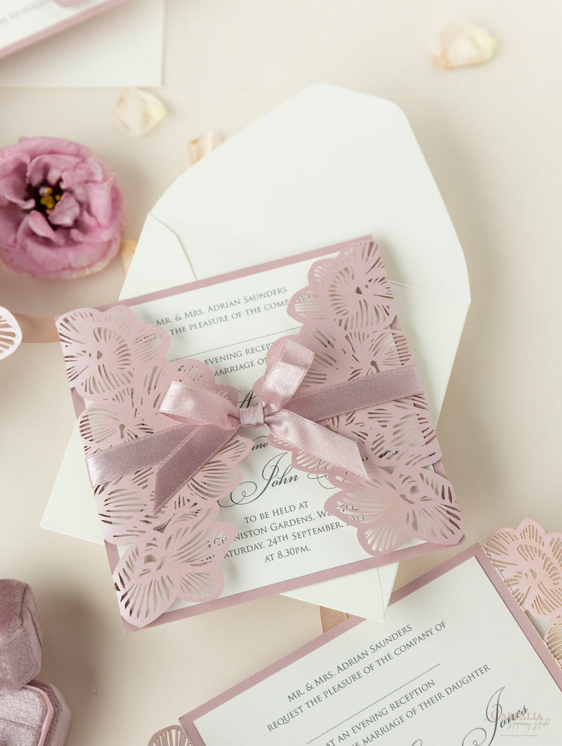 Intricate Orchid Laser Cut Gatefold Wedding  Evening Invitation
