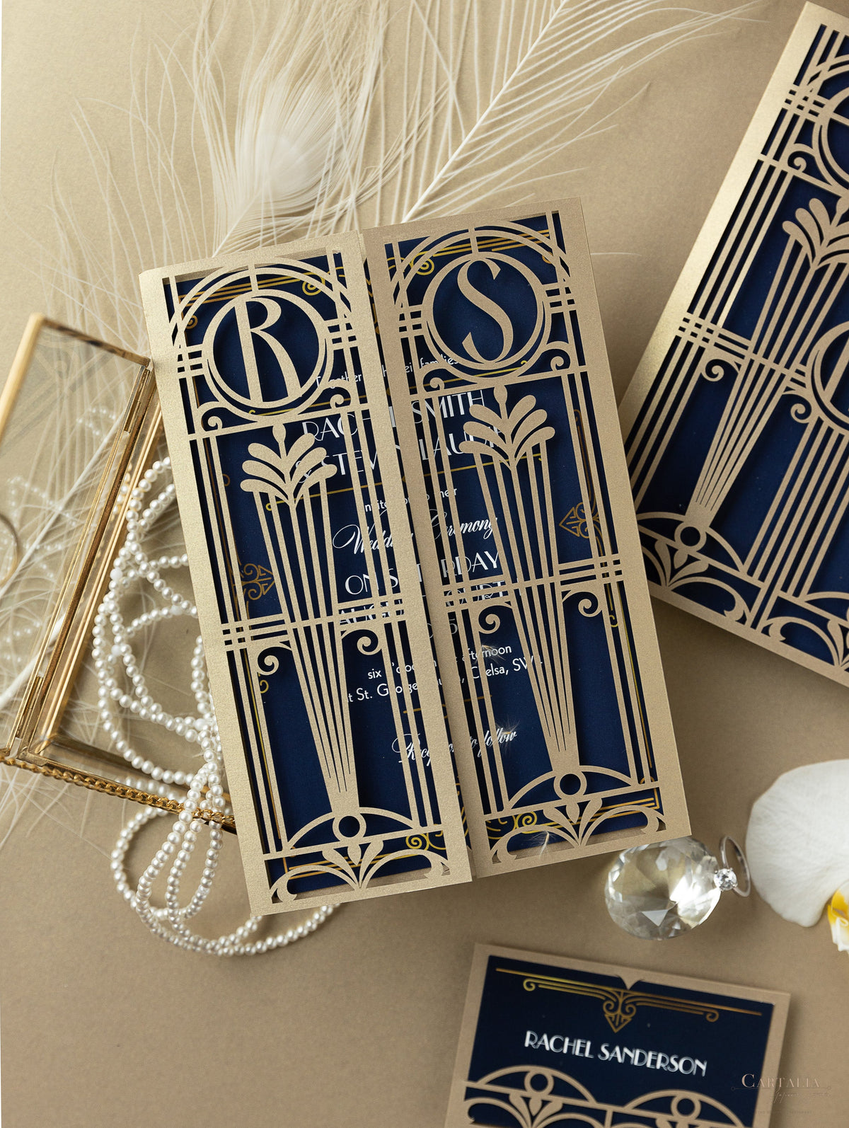 Golden Art Deco Great Gatsby Laser Cut Gatefold Wedding Day Invitation