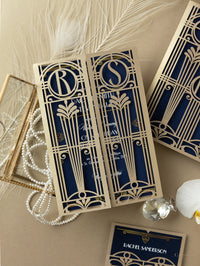 Invitación desplegable para el día de la boda con corte láser del Gran Gatsby Art Déco dorado