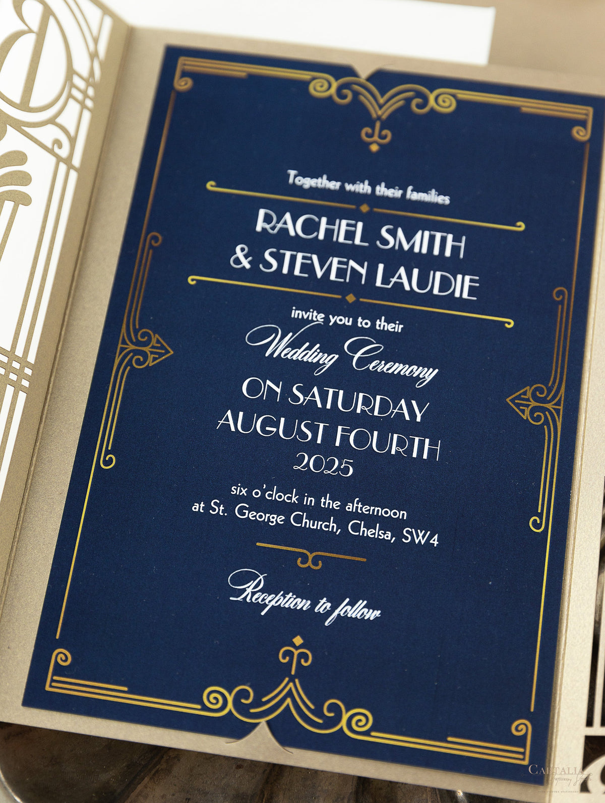 Golden Art Deco Great Gatsby Laser Cut Gatefold Wedding Day Invitation