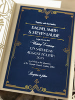 Invitación desplegable para el día de la boda con corte láser del Gran Gatsby Art Déco dorado