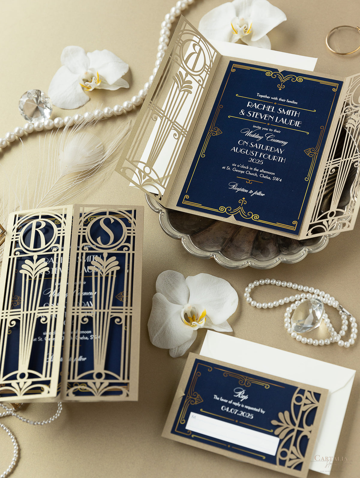 Invitación desplegable para el día de la boda con corte láser del Gran Gatsby Art Déco dorado