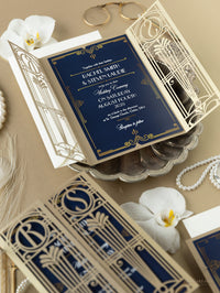 Invitación desplegable para el día de la boda con corte láser del Gran Gatsby Art Déco dorado