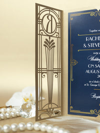 Invitación desplegable para el día de la boda con corte láser del Gran Gatsby Art Déco dorado