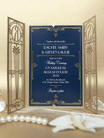 Invitación desplegable para el día de la boda con corte láser del Gran Gatsby Art Déco dorado
