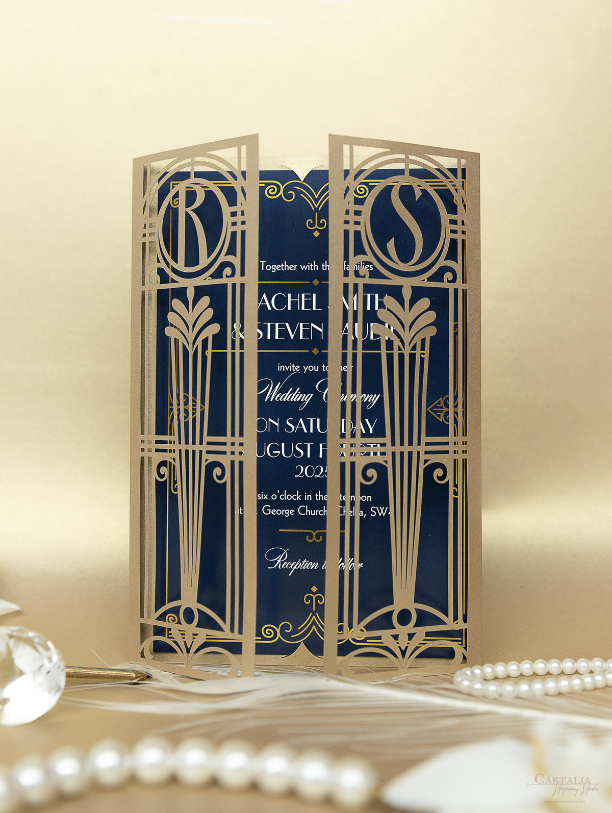 Golden Art Deco Great Gatsby Laser Cut Gatefold Wedding Day Invitation