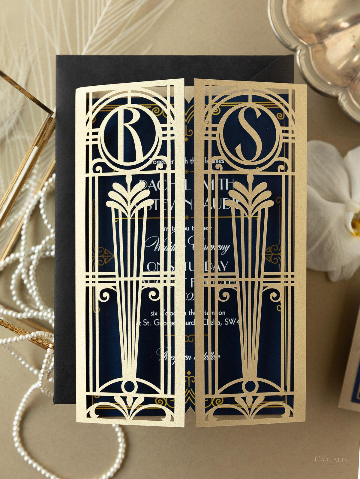 Golden Art Deco Great Gatsby Laser Cut Gatefold Wedding Day Invitation