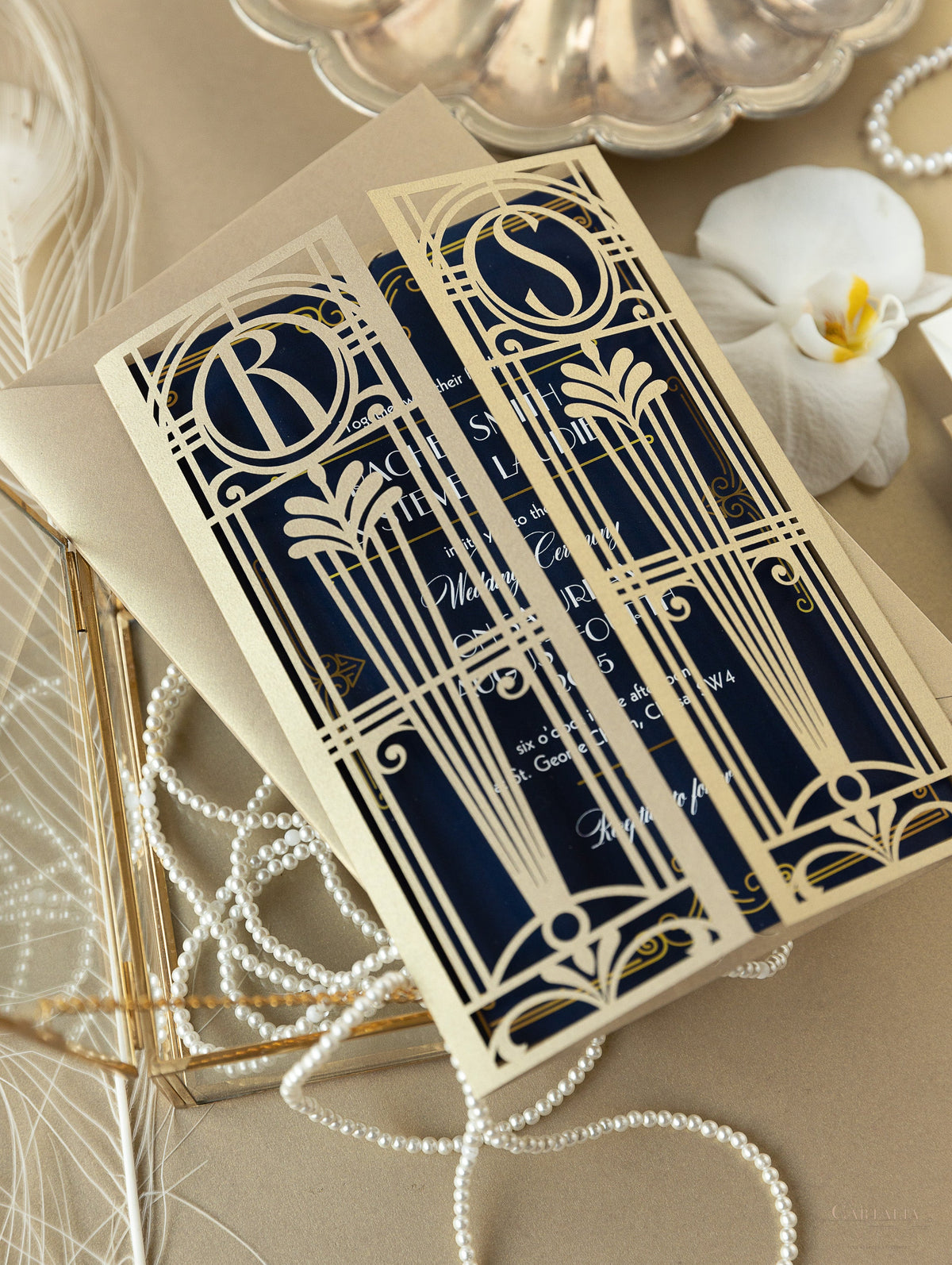 Golden Art Deco Great Gatsby Laser Cut Gatefold Wedding Day Invitation