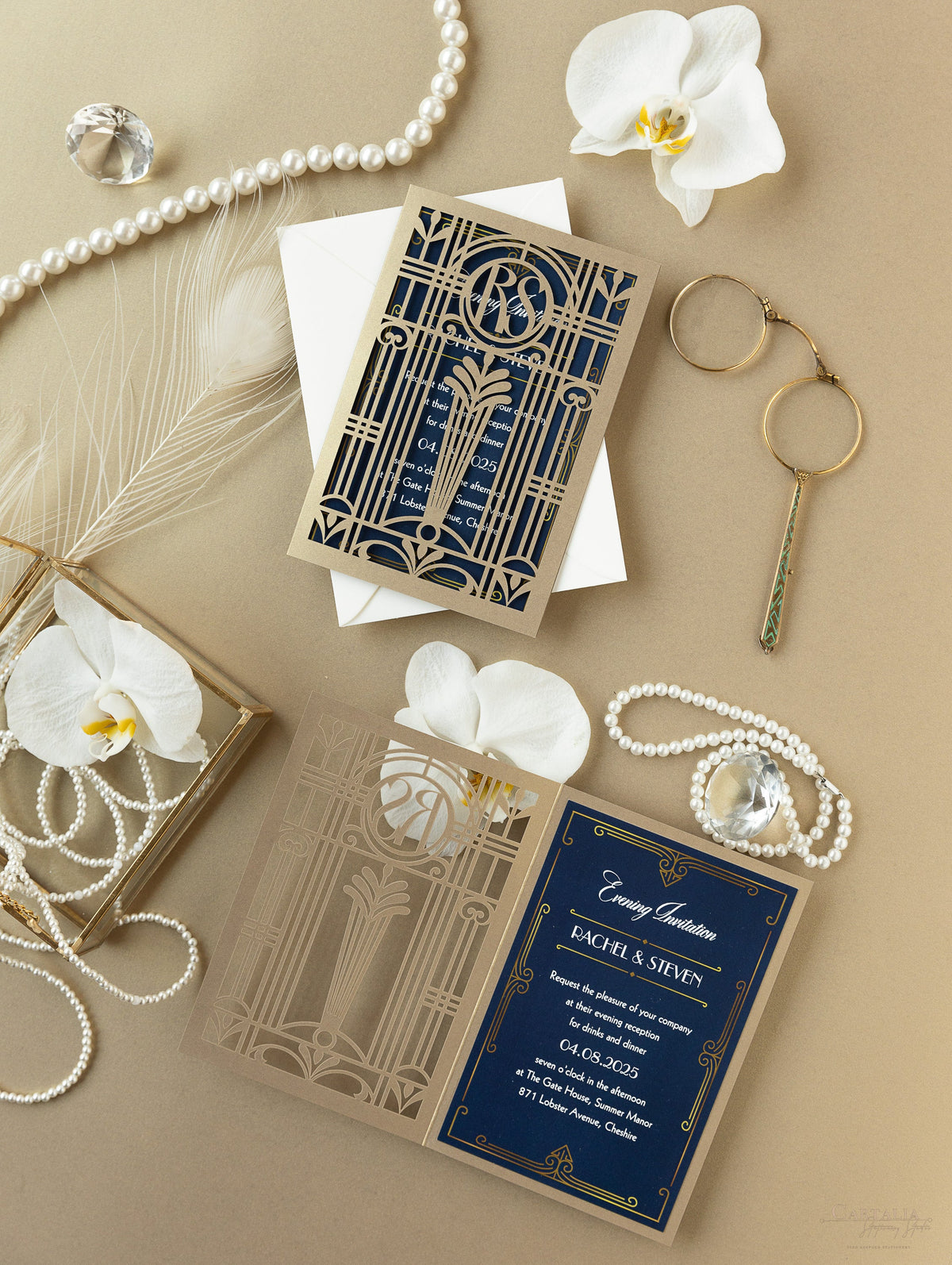 Golden Art Deco Great Gatsby Laser Cut Gatefold Wedding Evening Invitation