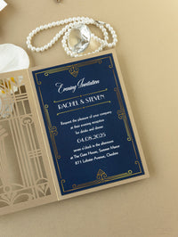 Invitación de noche de boda plegable con corte láser del Gran Gatsby Art Déco dorado