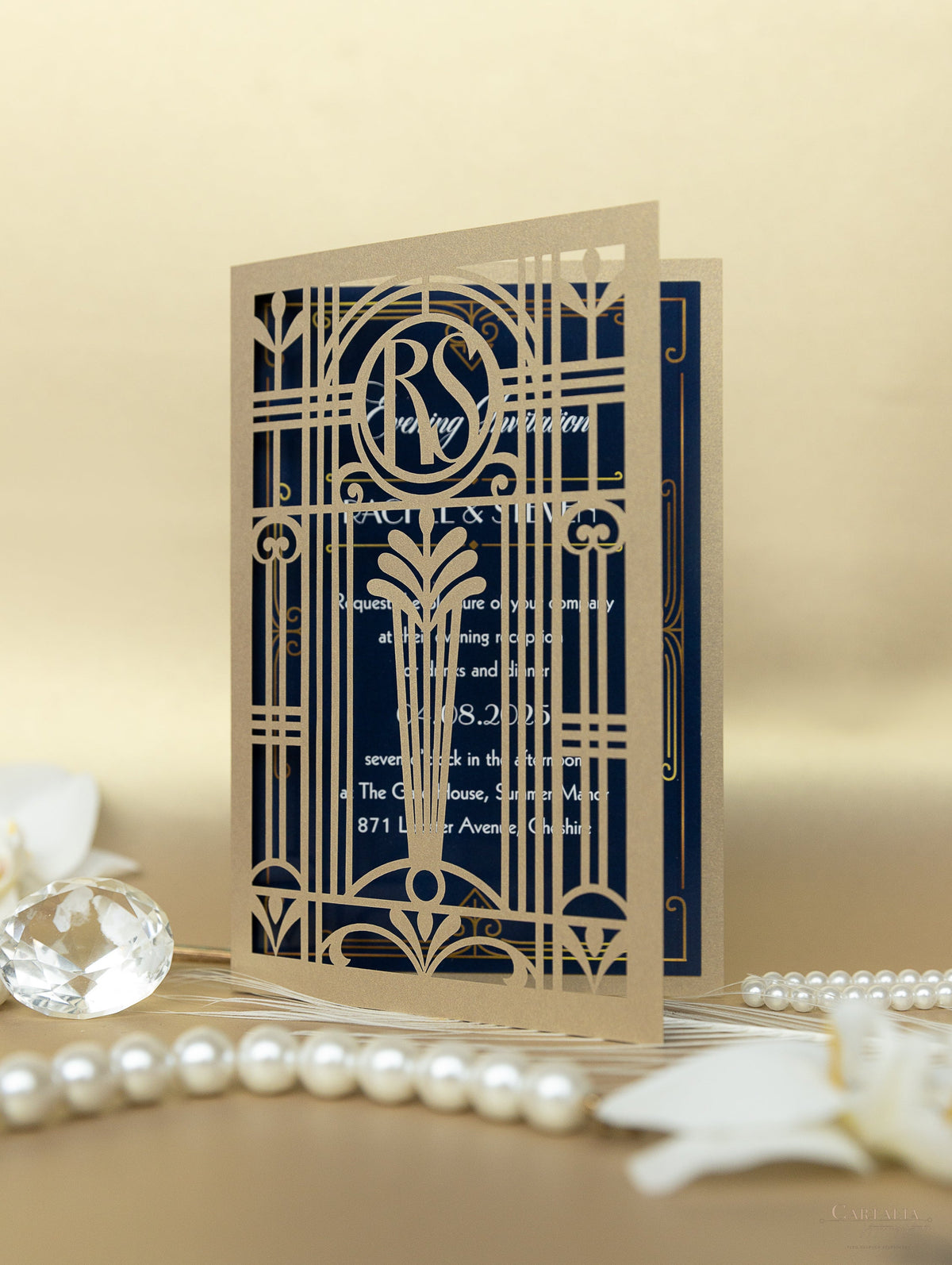 Golden Art Deco Great Gatsby Laser Cut Gatefold Wedding Evening Invitation