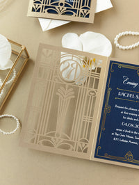 Invitación de noche de boda plegable con corte láser del Gran Gatsby Art Déco dorado
