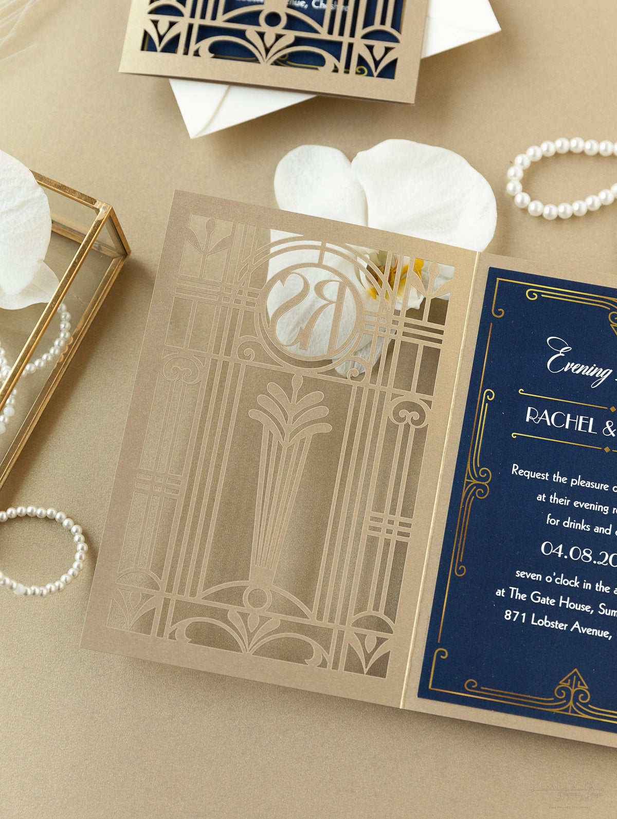 Golden Art Deco Great Gatsby Laser Cut Gatefold Wedding Evening Invitation