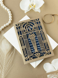 Invitación de noche de boda plegable con corte láser del Gran Gatsby Art Déco dorado