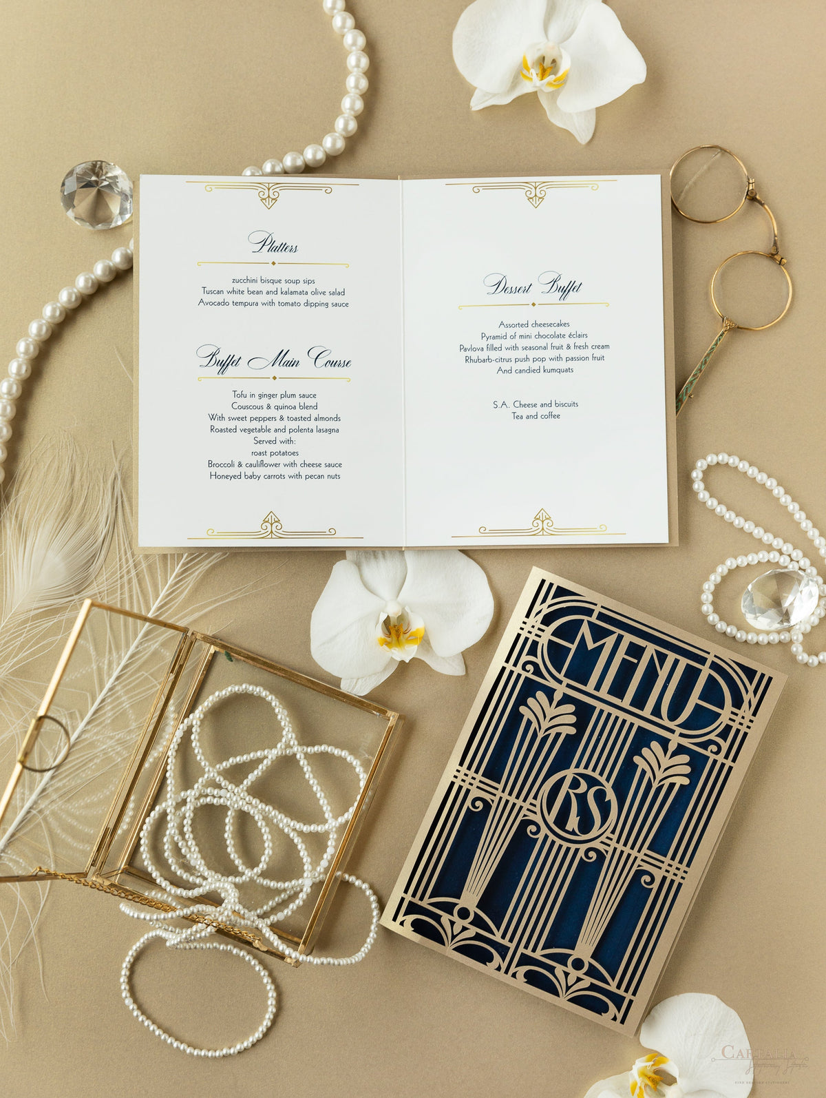 Golden Art Deco Great Gatsby Laser Cut Gatefold Menu