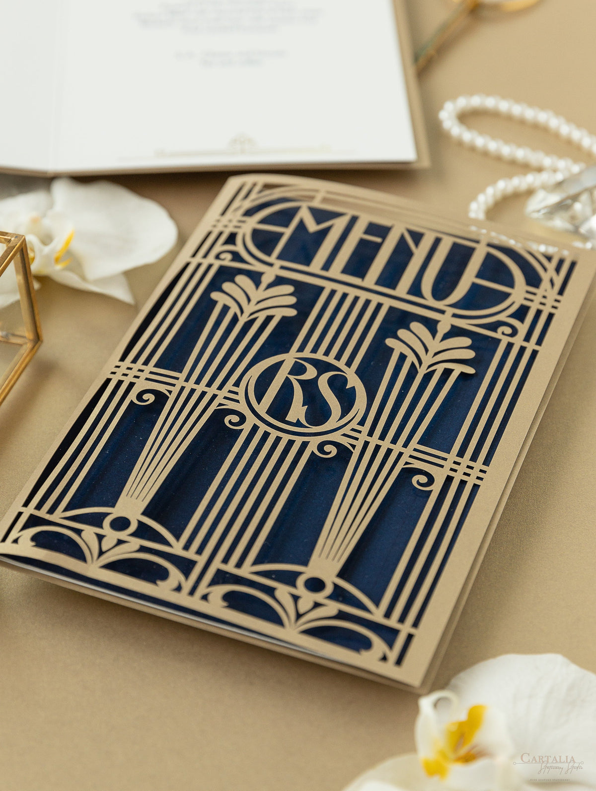 Golden Art Deco Great Gatsby Laser Cut Gatefold Menu