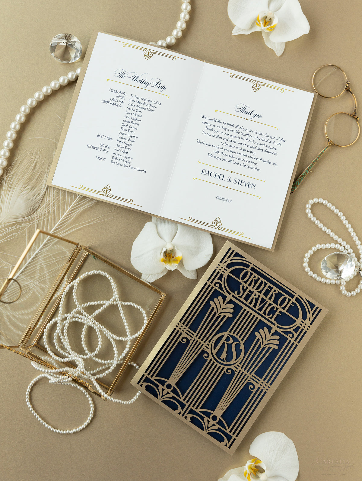 Golden Art Deco Great Gatsby Laser Cut Gatefold Menu / Order of Service