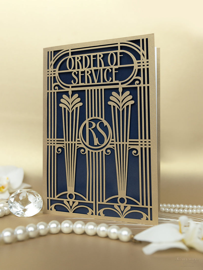 Menú desplegable cortado con láser Golden Art Deco Great Gatsby / Orden de servicio
