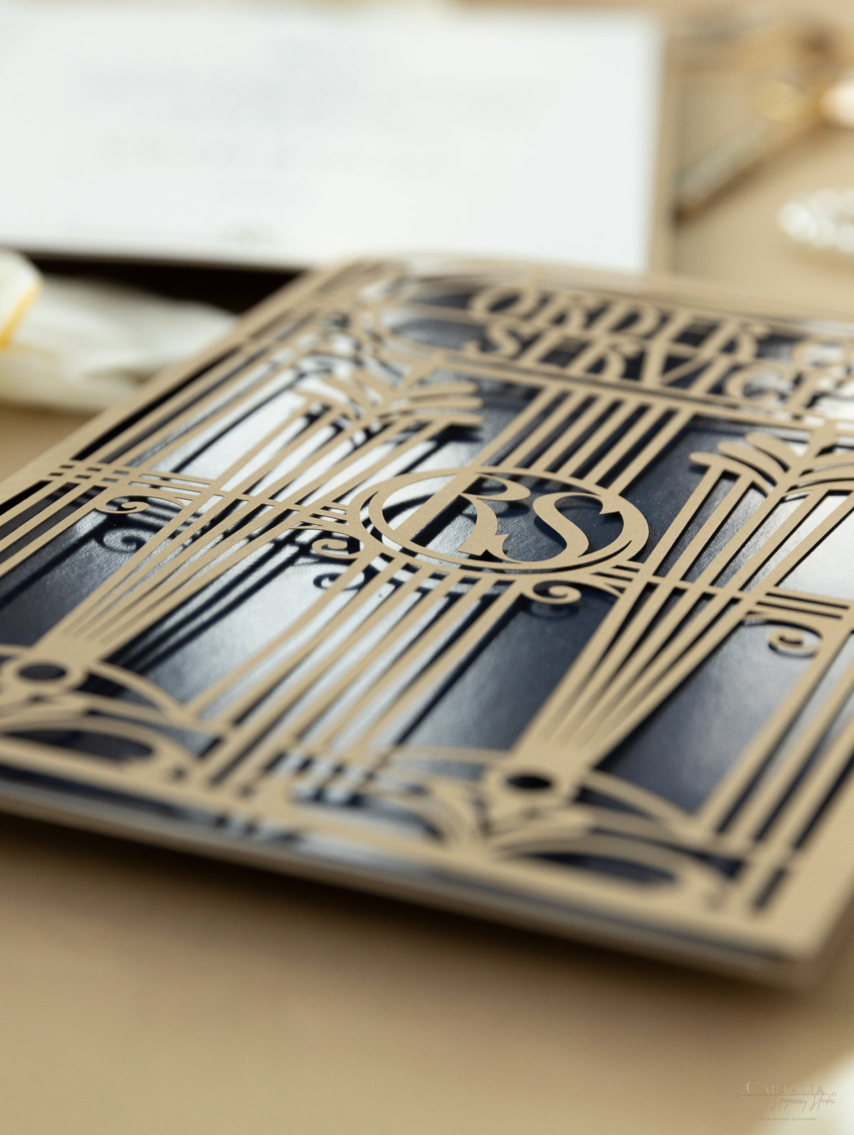 Golden Art Deco Great Gatsby Laser Cut Gatefold Menu / Order of Service