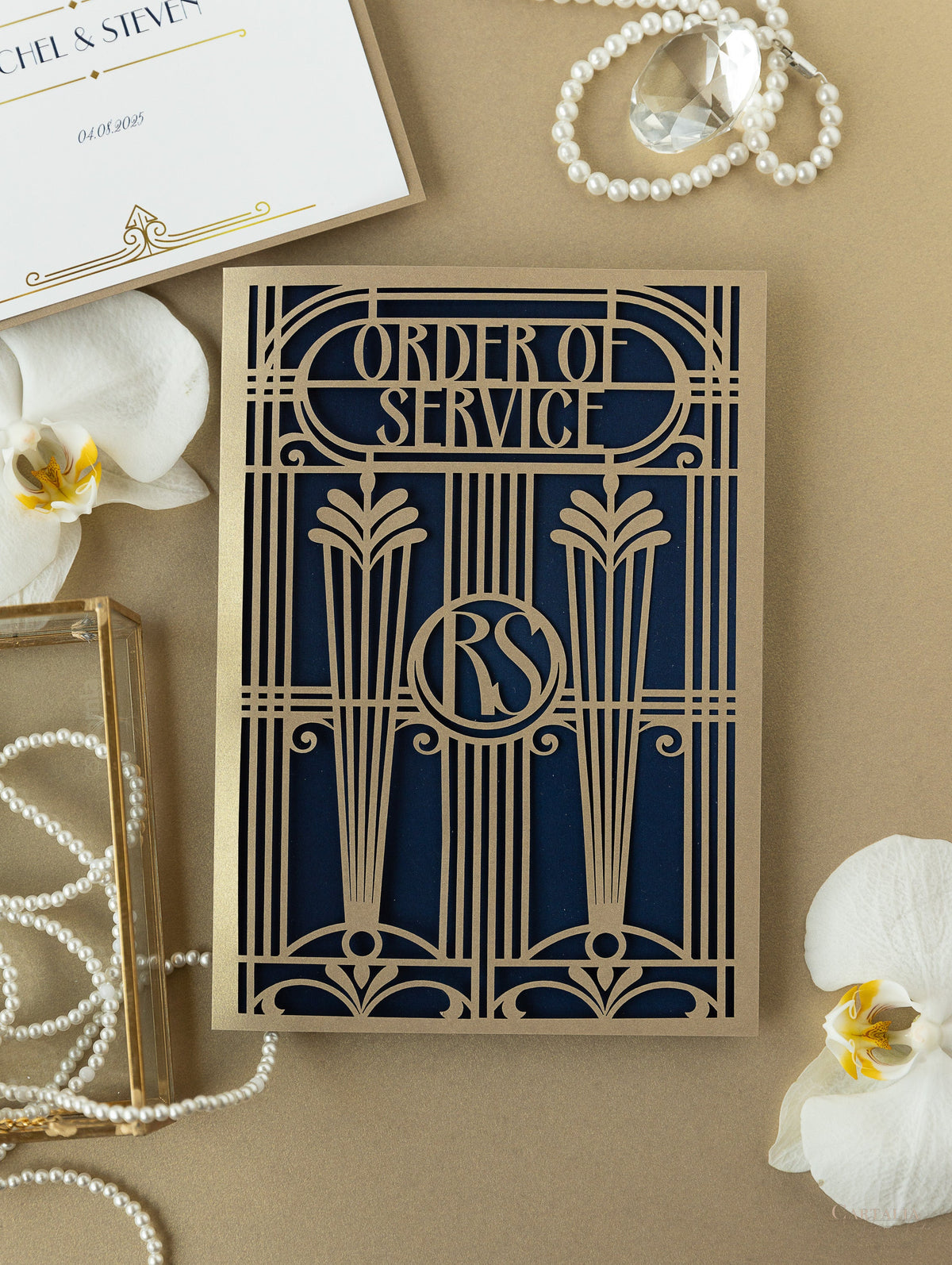 Menú desplegable cortado con láser Golden Art Deco Great Gatsby / Orden de servicio