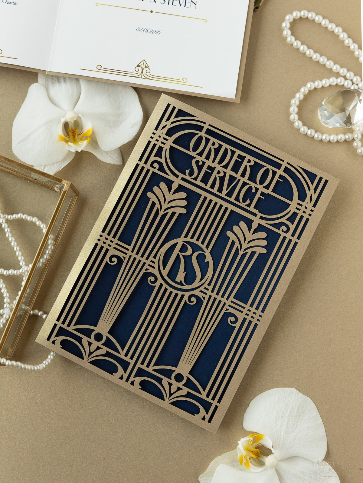 Golden Art Deco Great Gatsby Laser Cut Gatefold Menu / Order of Service