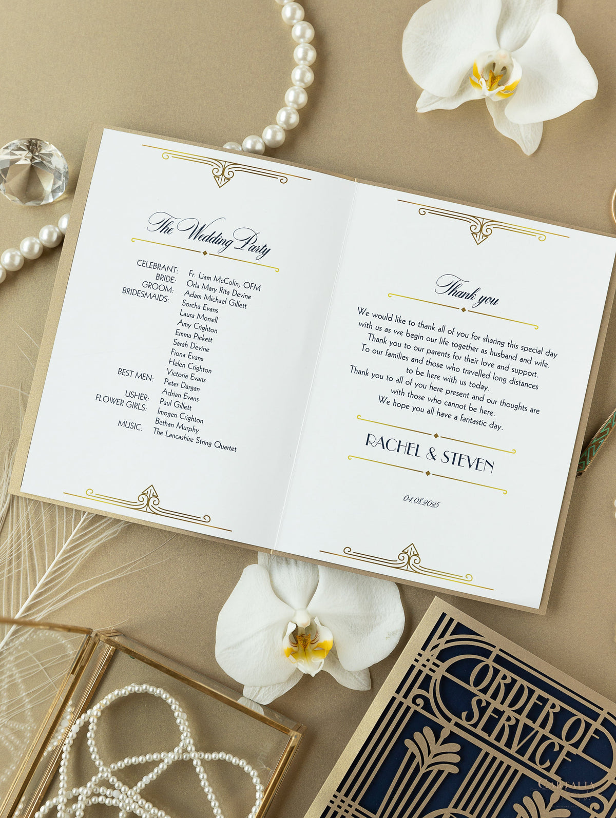 Golden Art Deco Great Gatsby Laser Cut Gatefold Menu / Order of Service