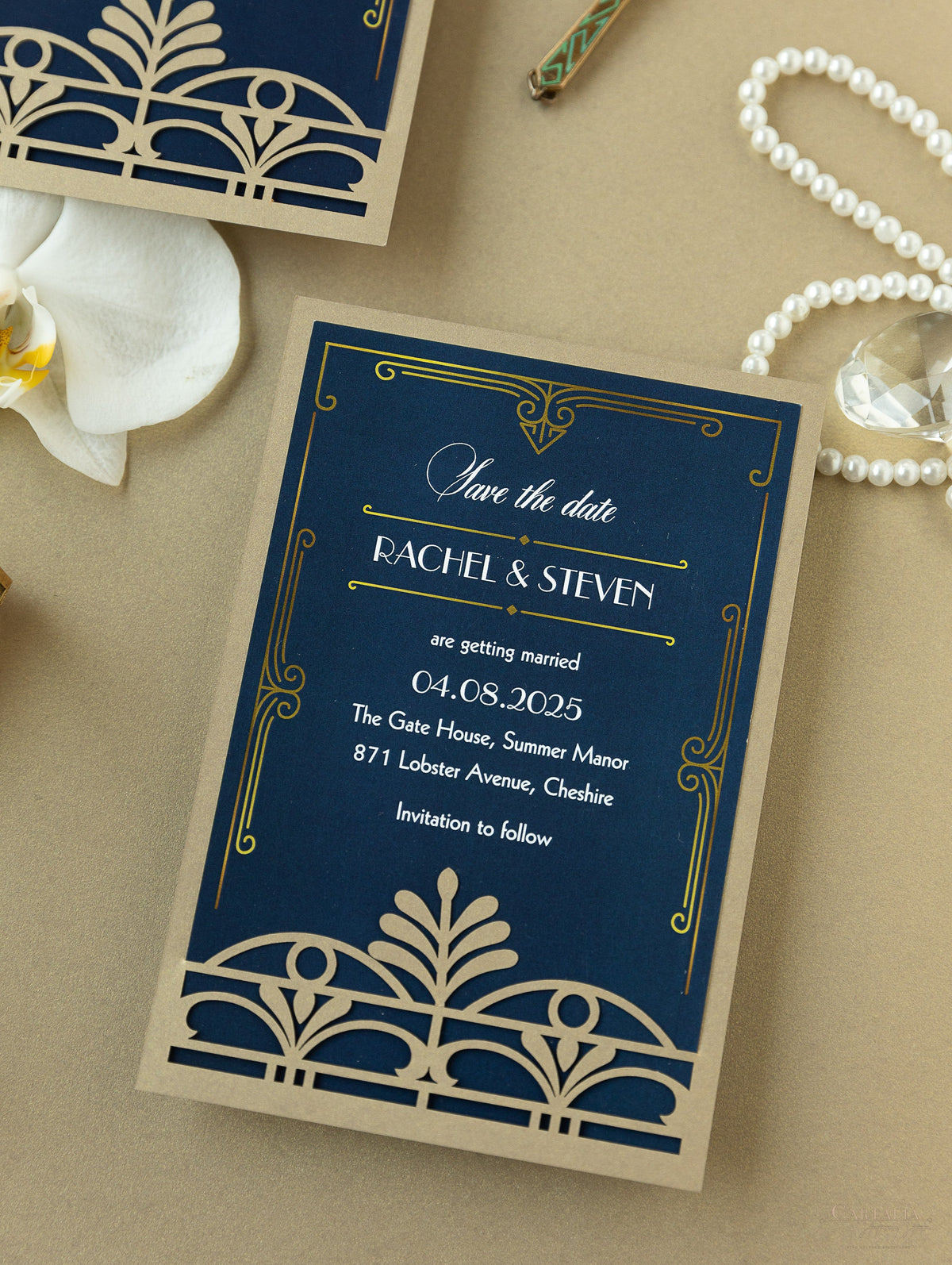 Golden Art Deco Great Gatsby Laser Cut Save the Date with Envelope