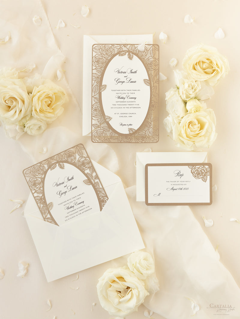 Elegant Laser Cut Roses Wedding Day Invitation in Old Gold