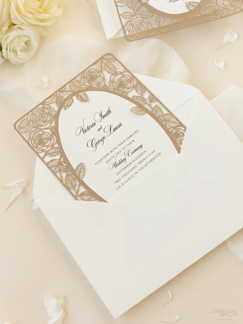 Elegant Laser Cut Roses Wedding Day Invitation in Old Gold