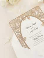 Elegant Laser Cut Roses Wedding Day Invitation in Old Gold