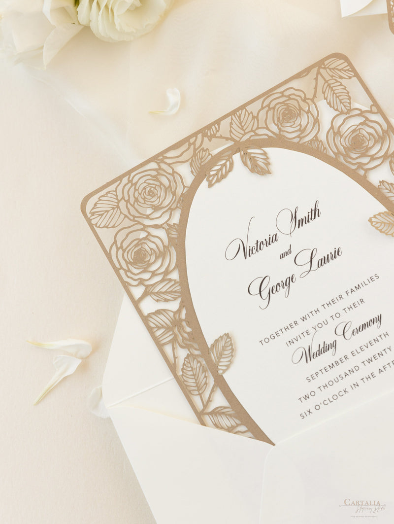 Elegant Laser Cut Roses Wedding Day Invitation in Old Gold