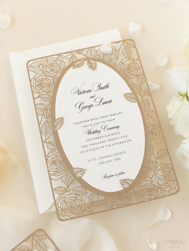 Elegant Laser Cut Roses Wedding Day Invitation in Old Gold