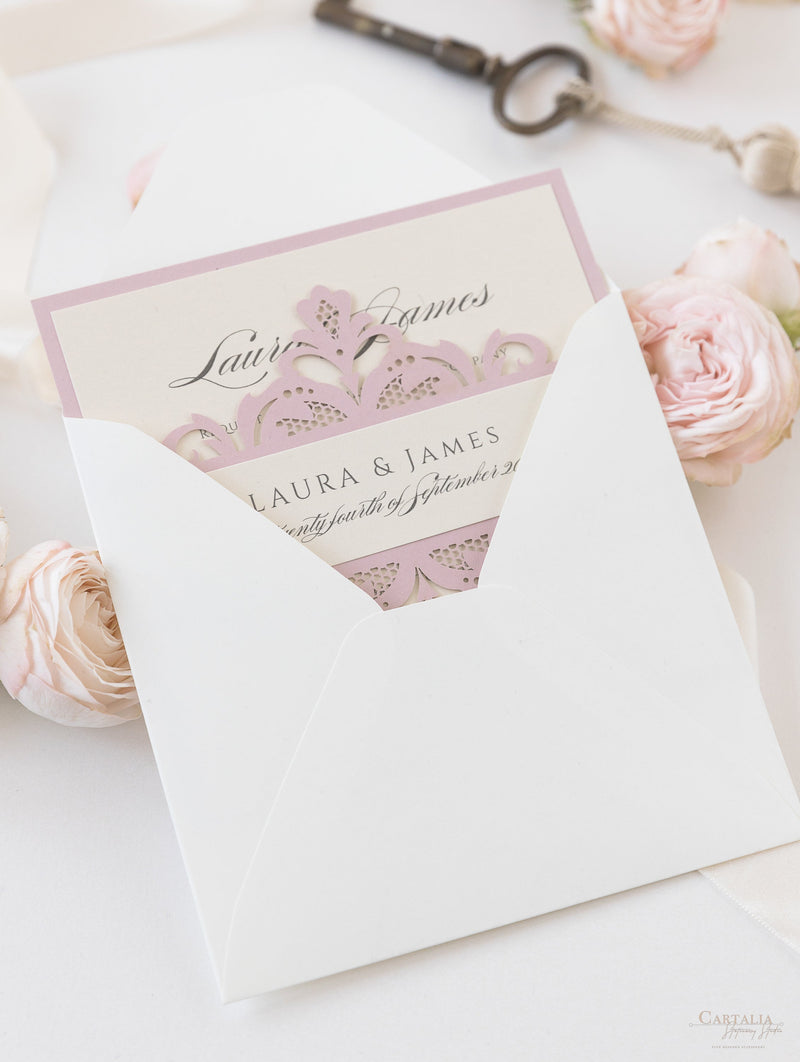 Laser Cut Blush and Cream Belly Band Matching Evening Card