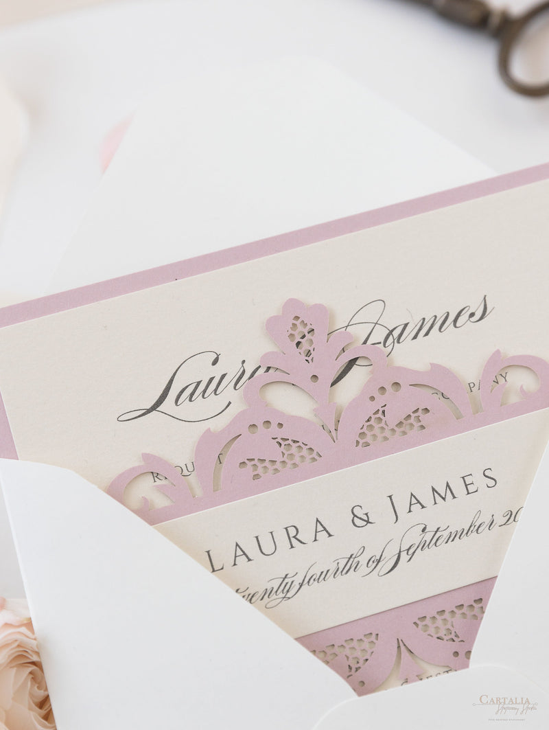 Laser Cut Blush and Cream Belly Band Matching Evening Card