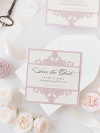 Tarjeta de boda para guardar la fecha cortada con láser de la colección Blush and Cream