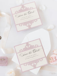 Tarjeta de boda para guardar la fecha cortada con láser de la colección Blush and Cream