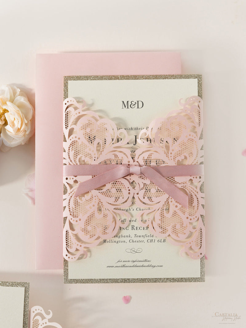 Dusty Pink Opulence Ribbon Tie Glitter Board Gatefold – Cartalia