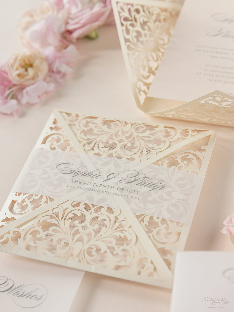 Champagne Laser Cut Lace Pocketfold Wedding Invitation + Wedding Wish –  Cartalia