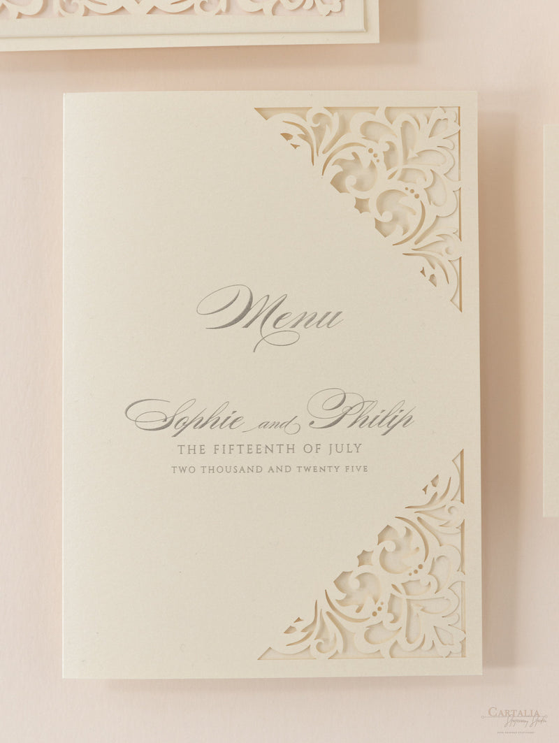 Champagne Laser Cut Lace Pocketfold Menu / Order of Service