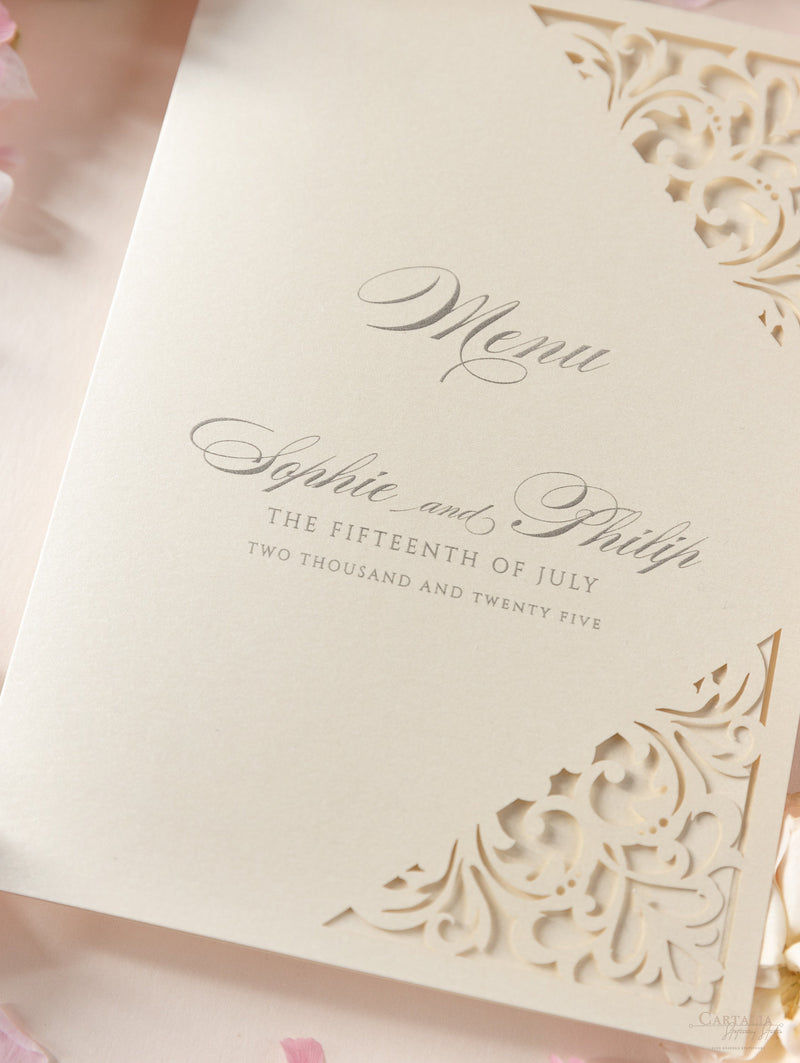 Champagne Laser Cut Lace Pocketfold Menu / Order of Service