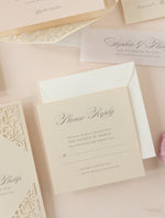 Champagne Laser Cut Lace Pocketfold Wedding Reply Card, Rsvp