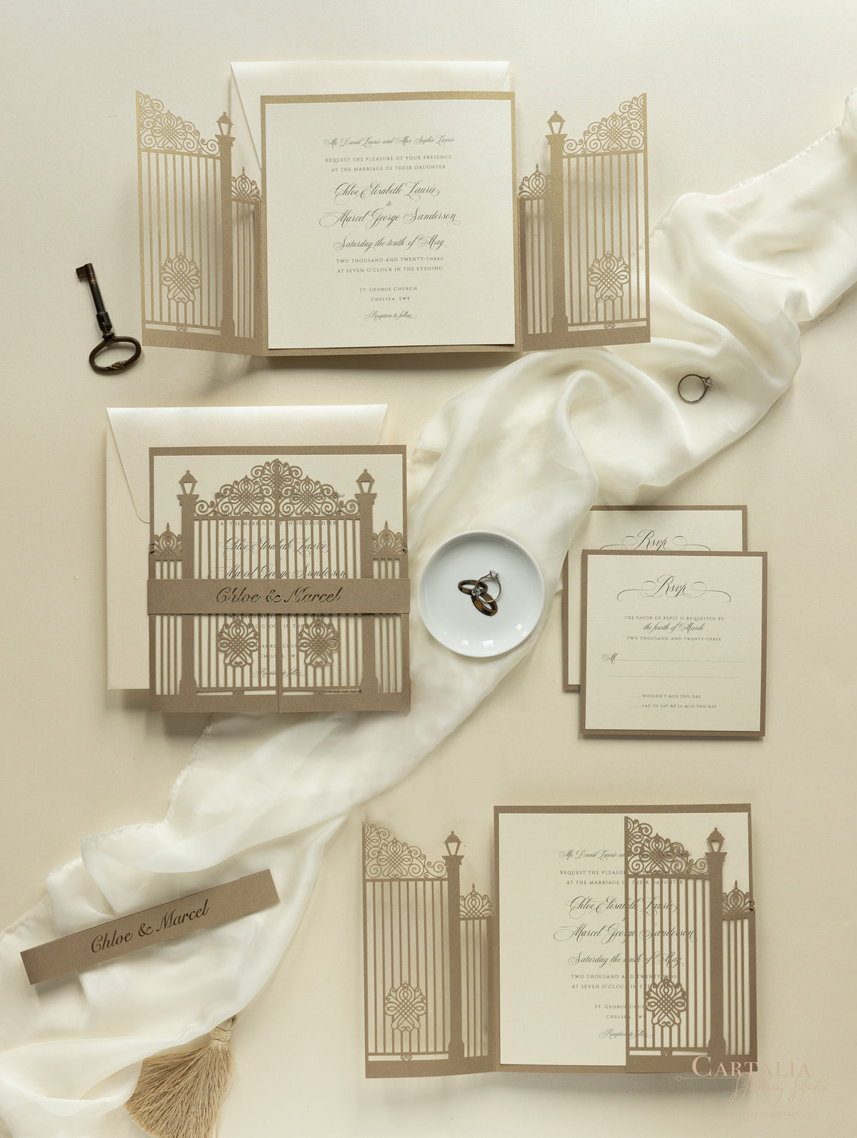 Romantic Ornamental Gate Laser Cut Wedding Invitation Set with RSVP and Personalised Belly Band