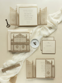 Romantic Ornamental Gate Laser Cut Wedding Invitation Set with RSVP and Personalised Belly Band